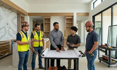 construction project manager reviewing blueprints