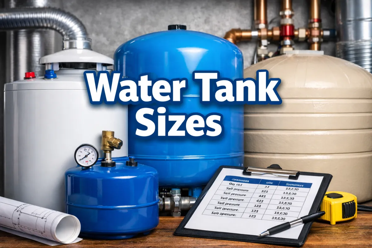 Horizontal image showing multiple residential water tanks of different sizes in a clean mechanical room setting, illustrating size differences. Text overlay reads “Water Tank Sizes”.