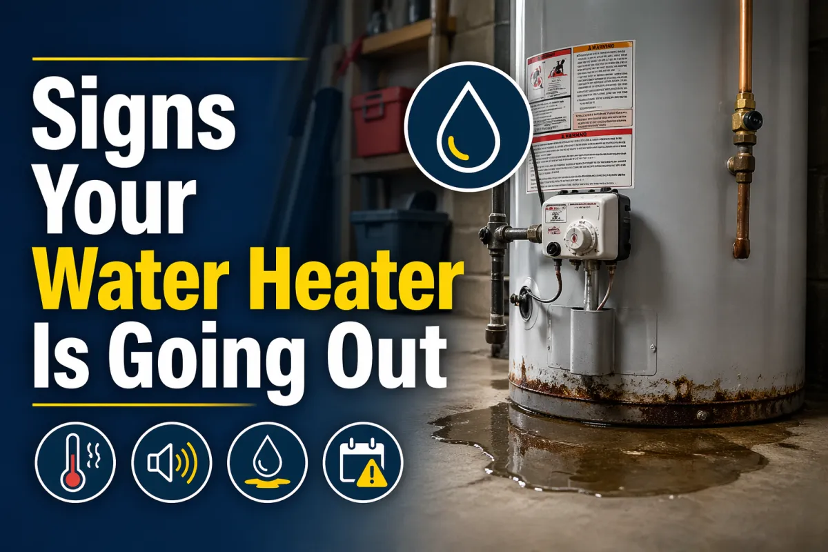 Horizontal featured image showing an aging residential water heater in a basement with visible rust near the bottom and water leaking onto the floor. Bold overlay text reads: “Signs Your Water Heater Is Going Out,” alongside icons representing heat issues, strange noises, leaks, and maintenance warnings.