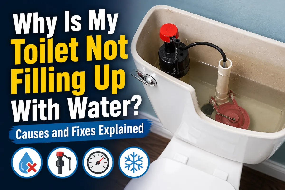 An open toilet tank that is not refilling with water, with visible internal components such as the fill valve and float. Overlaid text reads, "Why Is My Toilet Not Filling Up With Water? Causes and Fixes Explained."