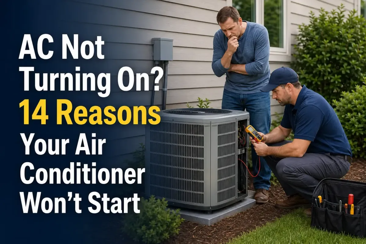 HVAC technician testing an outdoor air conditioner with a concerned homeowner beside the headline, “AC Not Turning On? 14 Reasons Your Air Conditioner Won’t Start.”