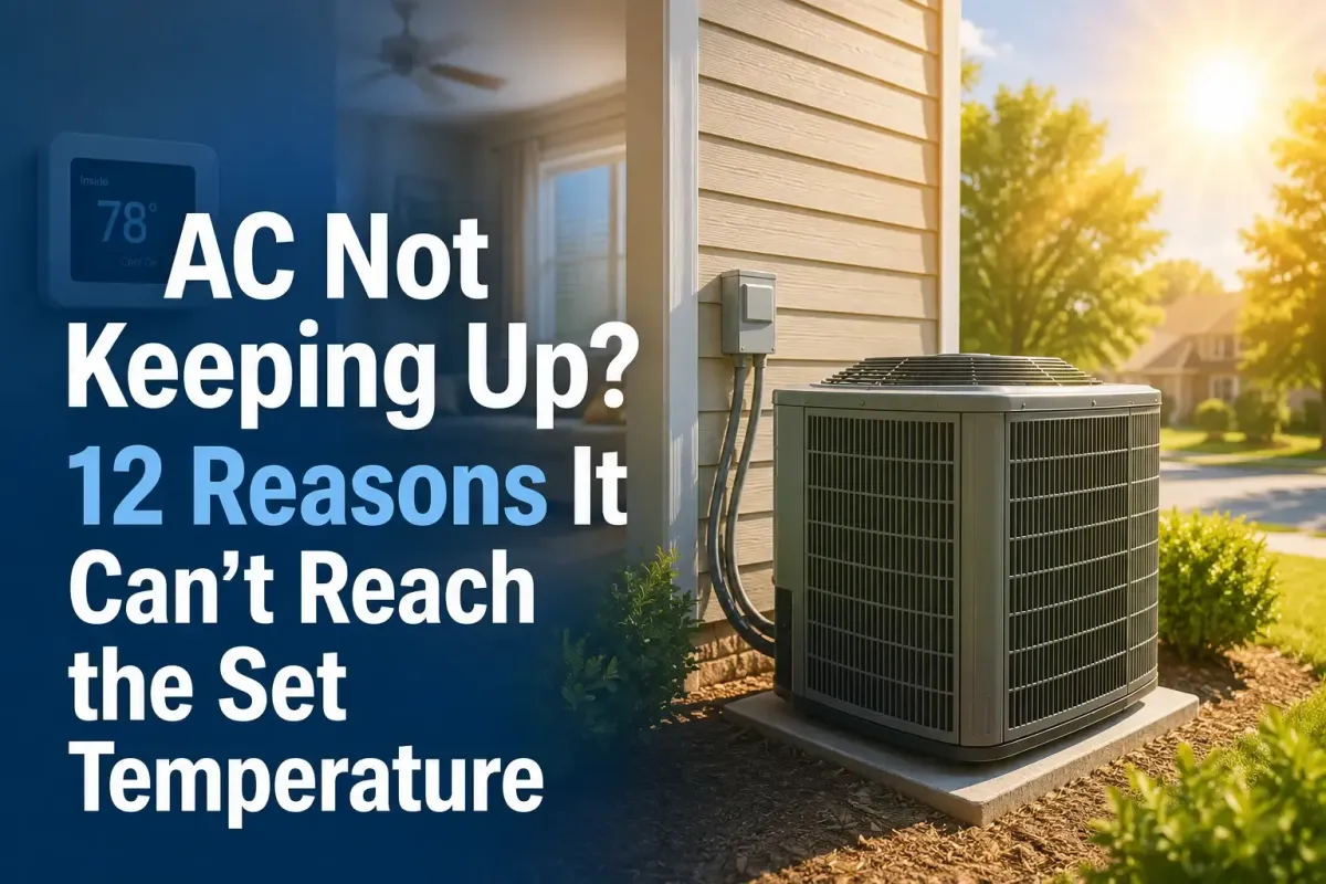 Outdoor air conditioning unit beside a house on a hot sunny day, with a thermostat showing 78°F and text reading “AC Not Keeping Up? 12 Reasons It Can’t Reach the Set Temperature.”