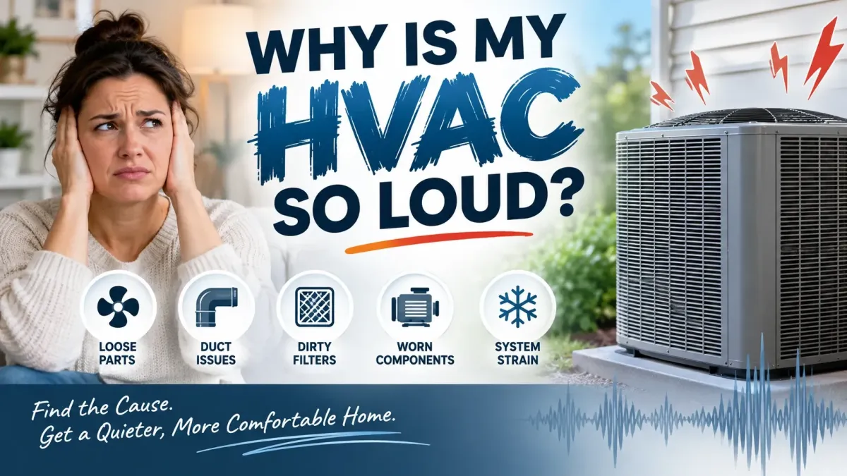 Woman covering her ears beside a noisy outdoor HVAC unit, with icons for loose parts, duct issues, dirty filters, worn components, and system strain, alongside text reading “Why Is My HVAC So Loud?”