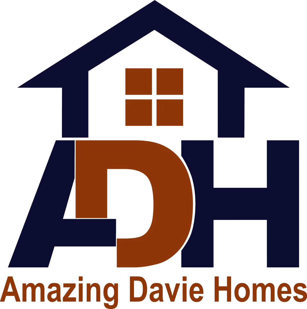 Logo for Amazing Davie Homes featuring the acronym 'ADH' in bold letters. The 'A' and 'H' are in dark blue, while the 'D' is in brown. Above the letters, there is a house icon in dark blue with a brown window in the center. Below the acronym, the text reads 'Amazing Davie Homes' in brown.