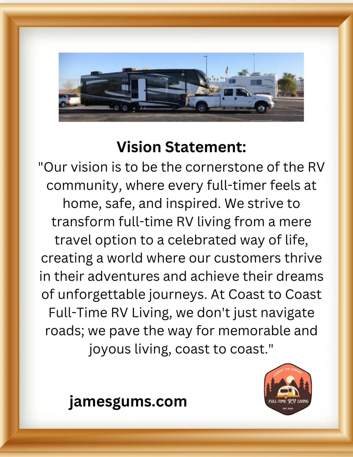 Picture of Vision Statement with a photo of truck and fifth wheel camper. 