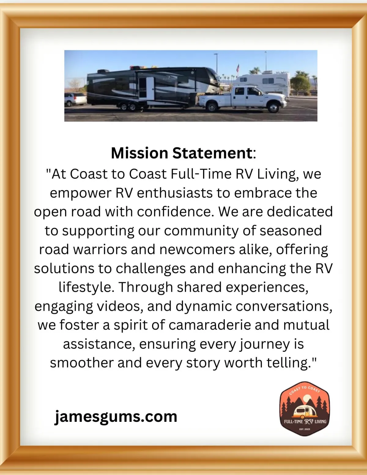 Picture of Mission Statement with a photo of truck and fifth wheel camper. 