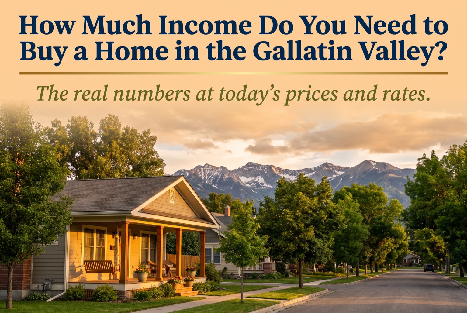 Craftsman home with a front porch on a tree-lined Gallatin Valley street at evening