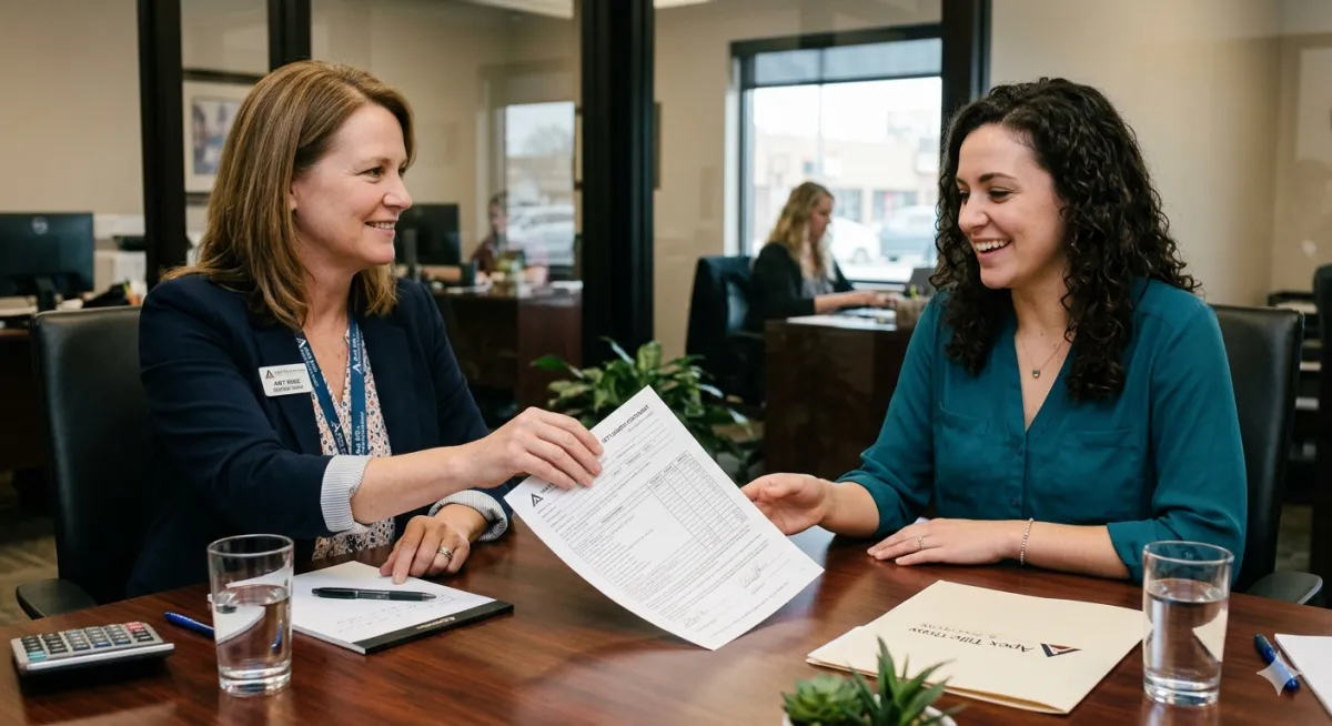 Escrow officer presenting a settlement statement to a buyer