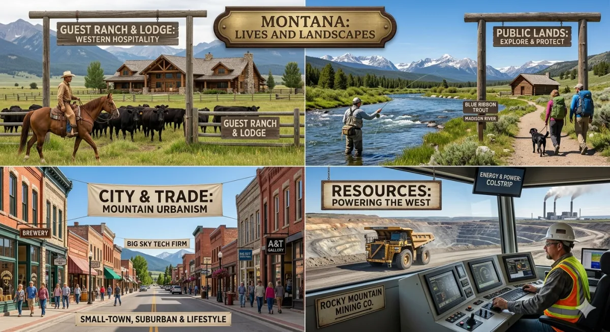 Side-by-side comparison of Manhattan, Belgrade, and Bozeman Montana showing population, median home price, commute time, and community character