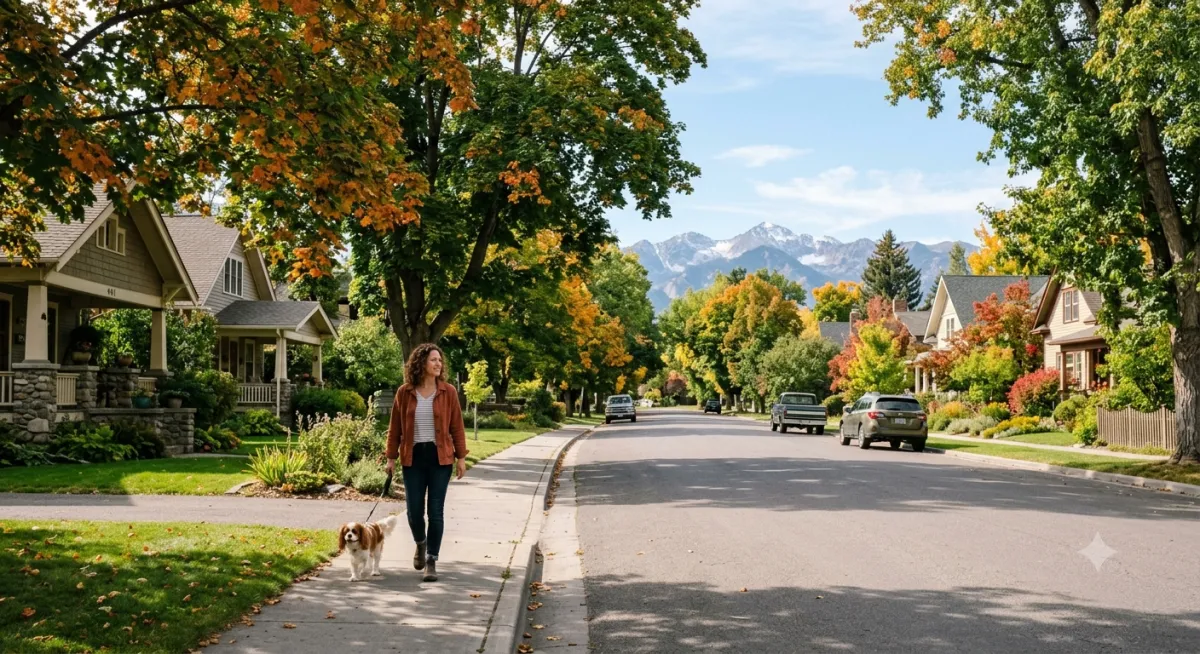 A quiet tree-lined residential street in a family neighborhood in Bozeman, Montana, with the Bridger Mountains behind.