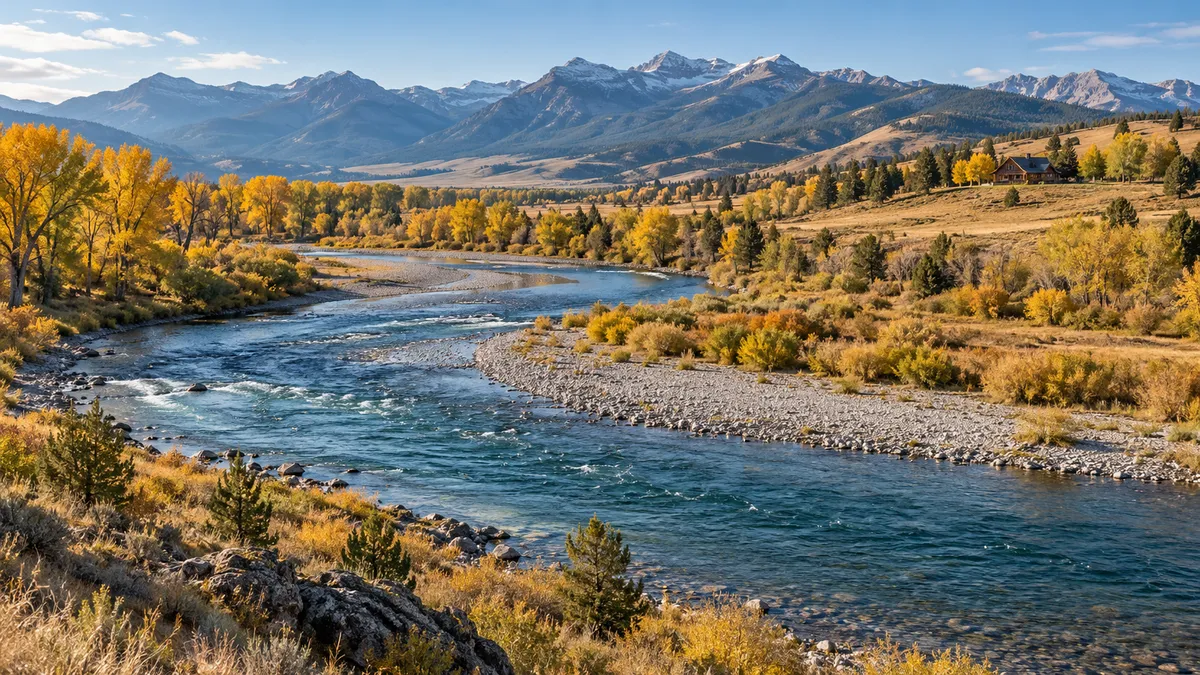 River frontage in Montana on the Gallatin River, with the vegetation line of the ordinary high-water mark visible along the bank