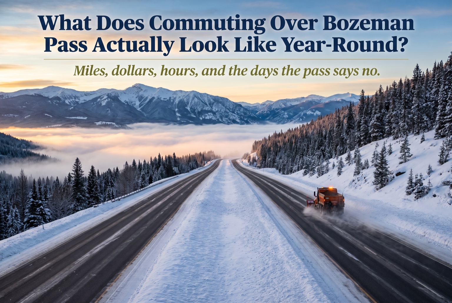 Interstate 90 climbing Bozeman Pass in winter at dawn with a snowplow ahead