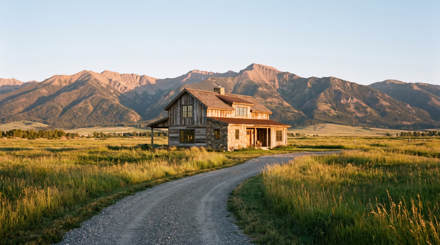 Farmhouse-style home on Gallatin Valley pasture with a gravel drive and the Bridger Mountains behind