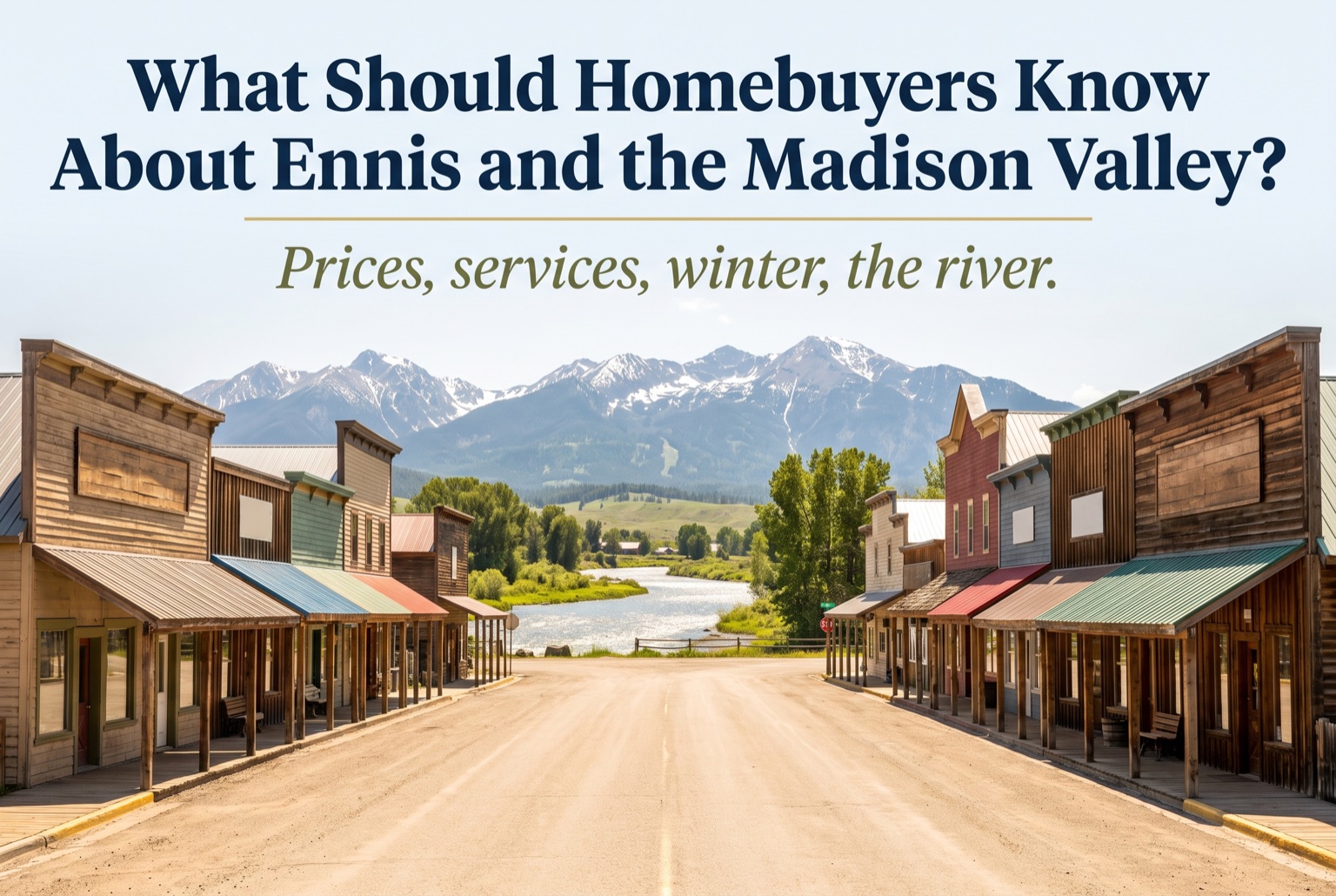 Main street of a small Montana river town with the Madison River and Madison Range behind
