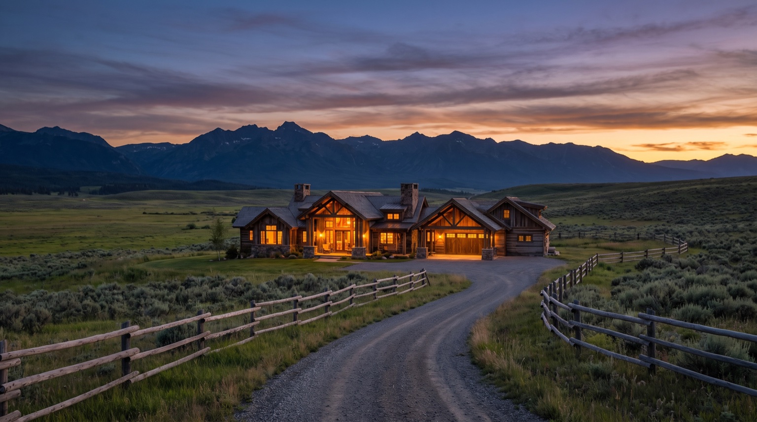 Custom home on acreage in the Gallatin Valley with mountains behind it at dusk
