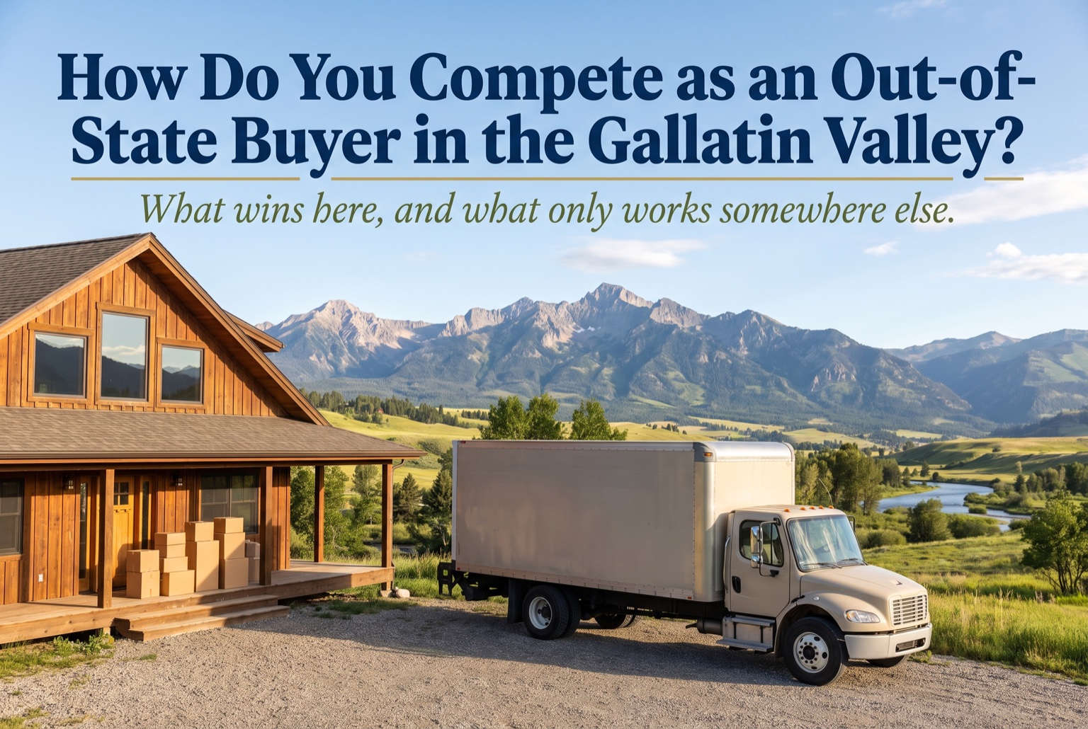 Moving truck in the driveway of a Gallatin Valley home with the Bridger Mountains behind