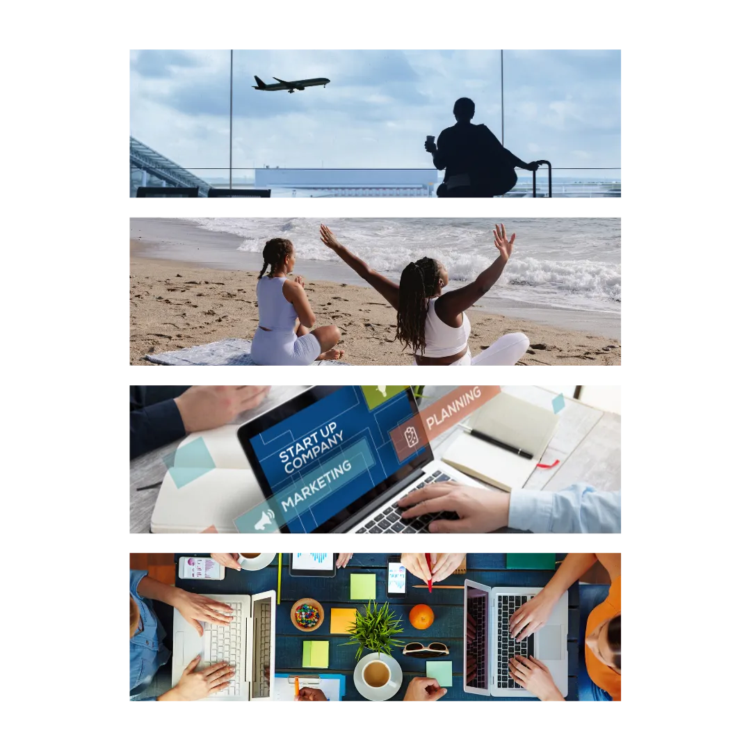 Income ecosystem for nurses and professionals showing travel freedom, wellness lifestyle coaching, business startup planning, and collaborative entrepreneurship—EMN Success Coaching multiple income streams﻿