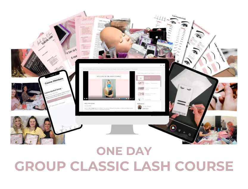 Classic lash extension group class mock up featuring training manual and past students