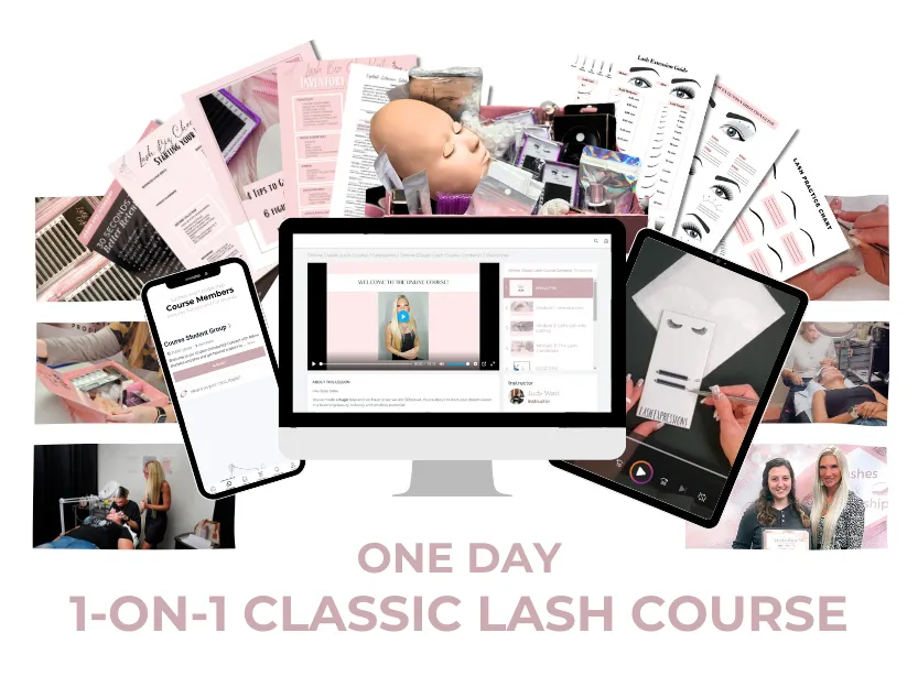 Classic lash extension 1-on-1 class mock up featuring training manual and past students