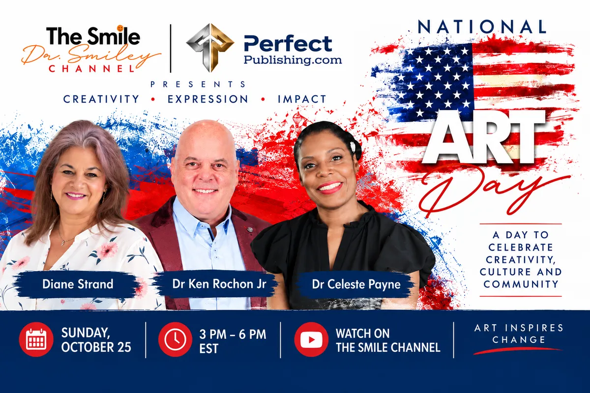National Art Day live broadcast graphic featuring Diane Strand, Dr. Ken Rochon Jr., and Dr. Celeste Payne, Sunday, October 25, 3 to 6 PM EST on The Smile Channel