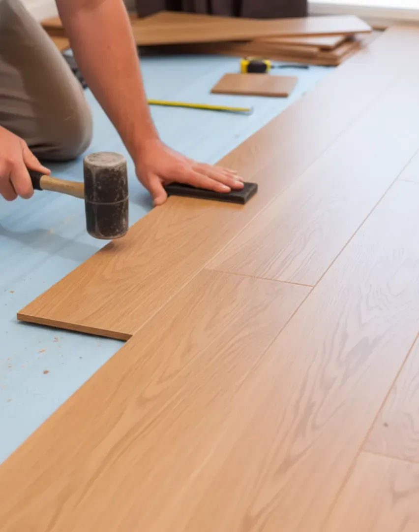 Professional flooring installation in progress using precision tools