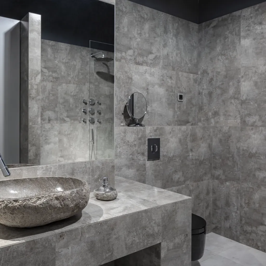 Modern bathroom featuring professionally installed tile flooring