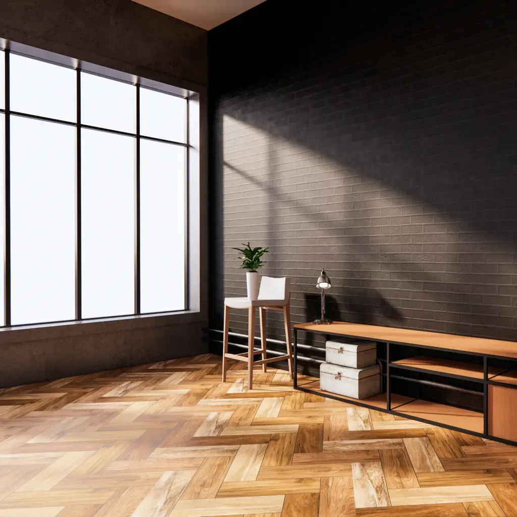 Modern room featuring professionally installed herringbone plank flooring