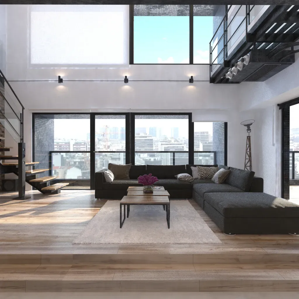Modern living room featuring professionally installed hardwood flooring