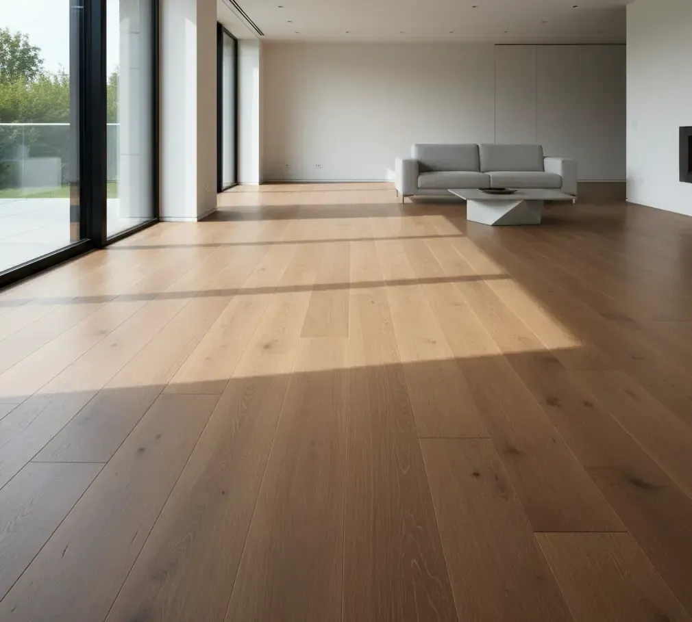Light natural wide-plank hardwood flooring installed in a modern open-concept home by All Type Floors