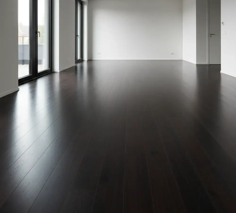Dark espresso engineered wide plank hardwood flooring installation in a modern minimalist room – All Type Floors