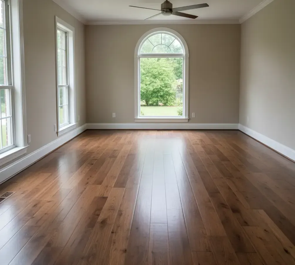 Medium-tone engineered hardwood flooring installation in a bright Mission BC living room – All Type Floors