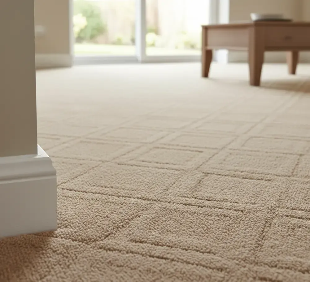 Textured patterned carpet with geometric design installed in a modern living room