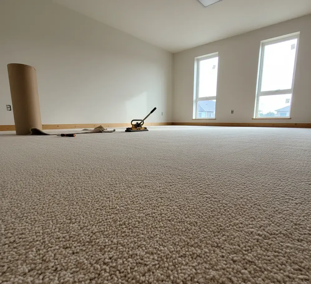 Loop pile carpet installation in progress with stretching tools – All Type Floors