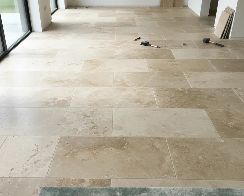 Ceramic tile flooring installation with warm beige natural stone texture – All Type Floors