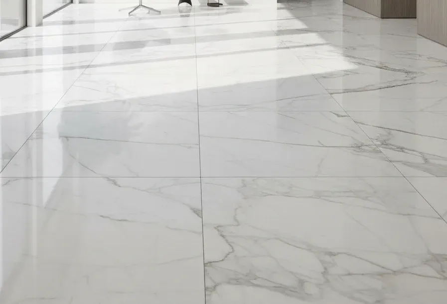 Stone-inspired marble-look tile flooring with glossy white finish – All Type Floors