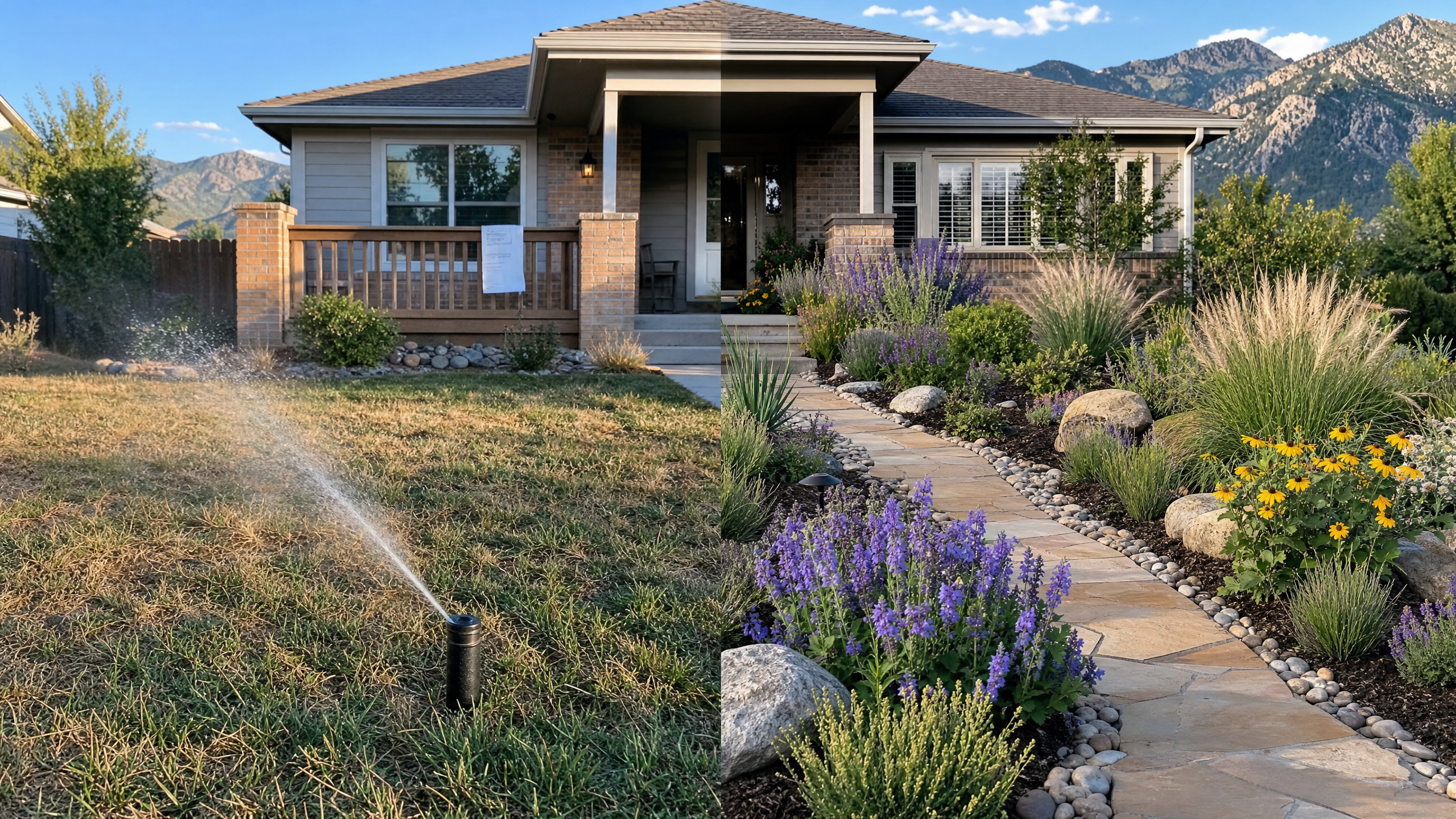 Hero Image: Before and after of a Denver front yard transformed from struggling grass to a beautiful water-wise ColoradoScape
