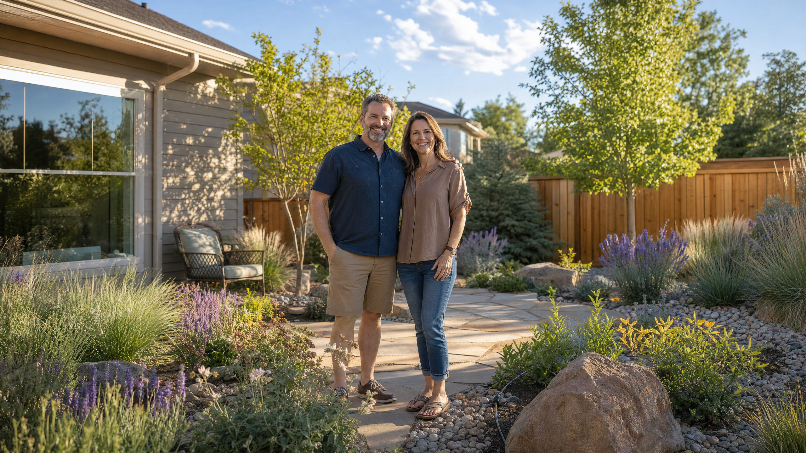 Supporting Image: Happy Denver homeowners standing in their newly xeriscaped, water-wise backyard