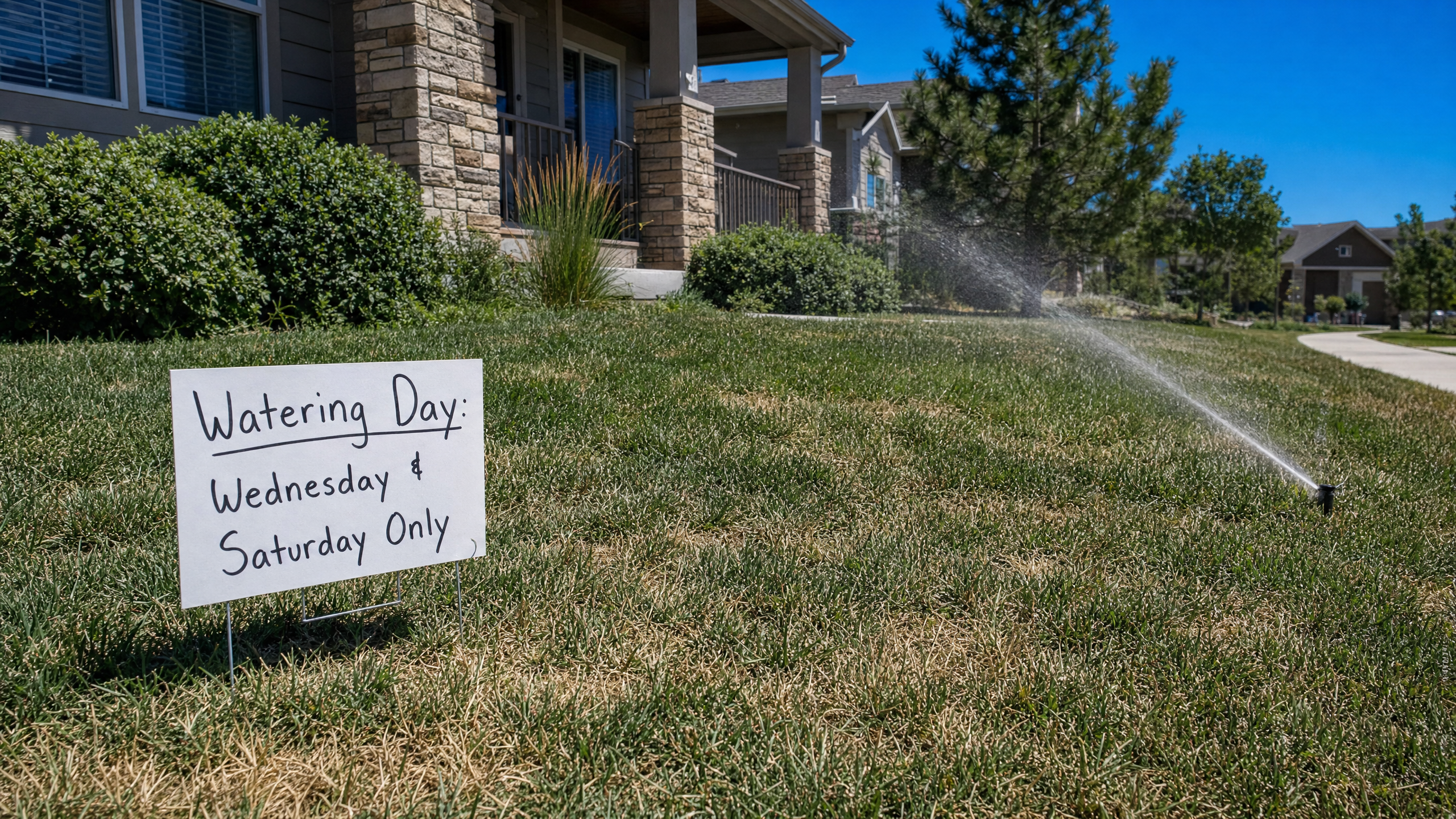 Denver home lawn sprinkler running on designated watering day under Stage 1 drought restrictions in Colorado