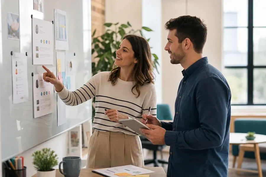 Smart Lead Enrichment - man and woman looking at whiteboard