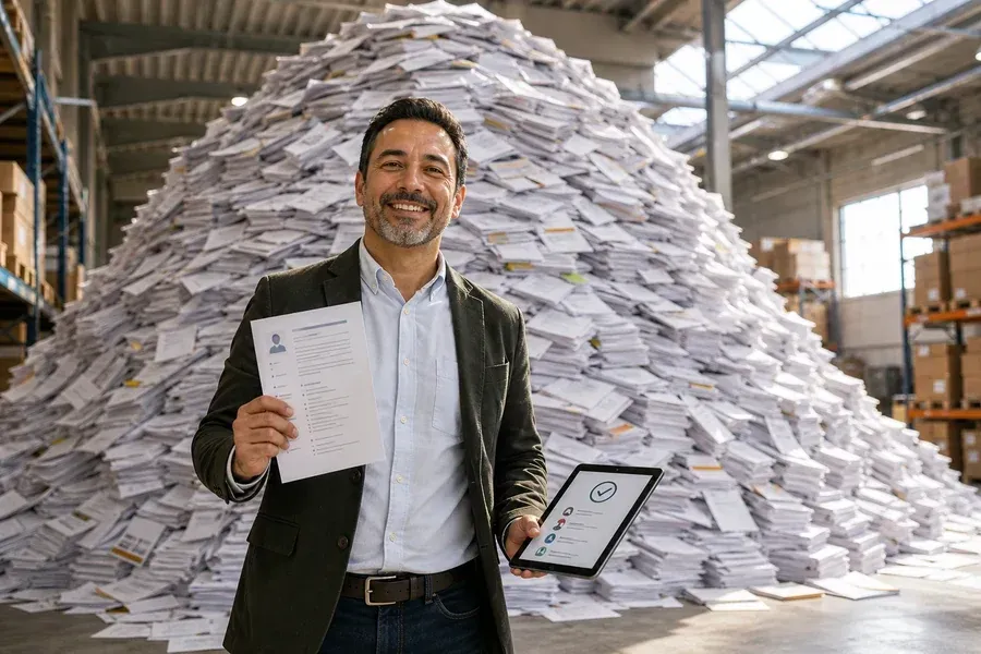 Resume Screening AI - man standing in front of pile of resumes