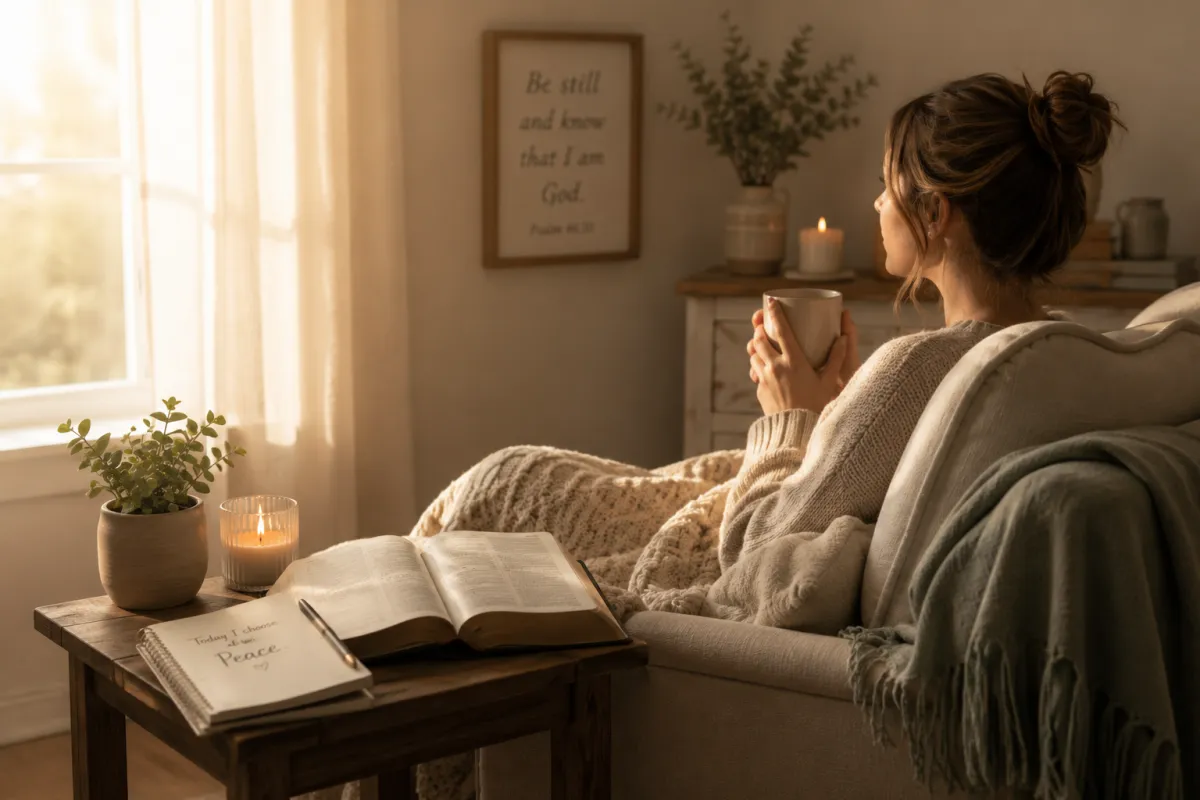 Two women smiling warmly over coffee in a bright, peaceful living room