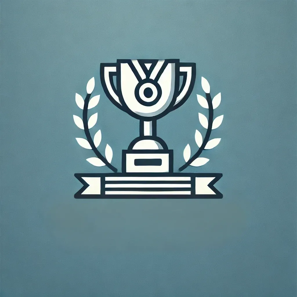 A minimalistic trophy icon with laurel leaves, symbolizing achievement in youth sports training. Represents success in helping young athletes earn D1 scholarships and improve performance.