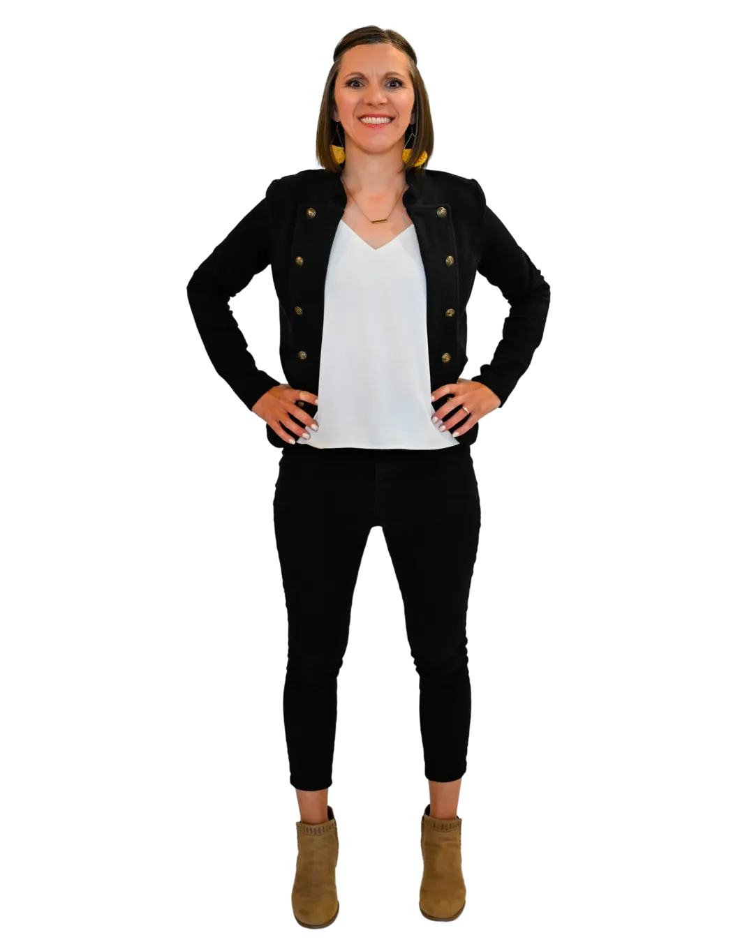 Confident woman standing calmly with a soft smile, photorealistic, warm tones, transparent background.