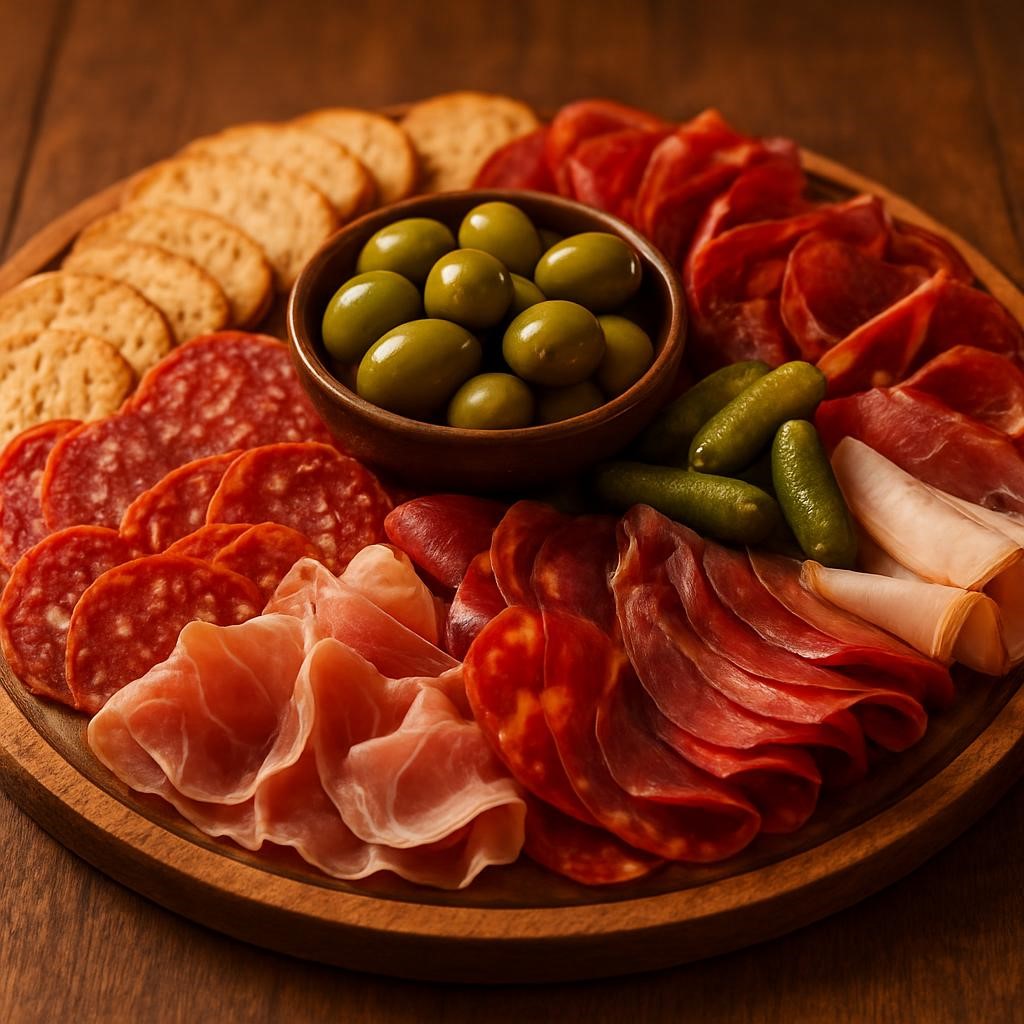 Rustic cured meat display with prosciutto and salami
