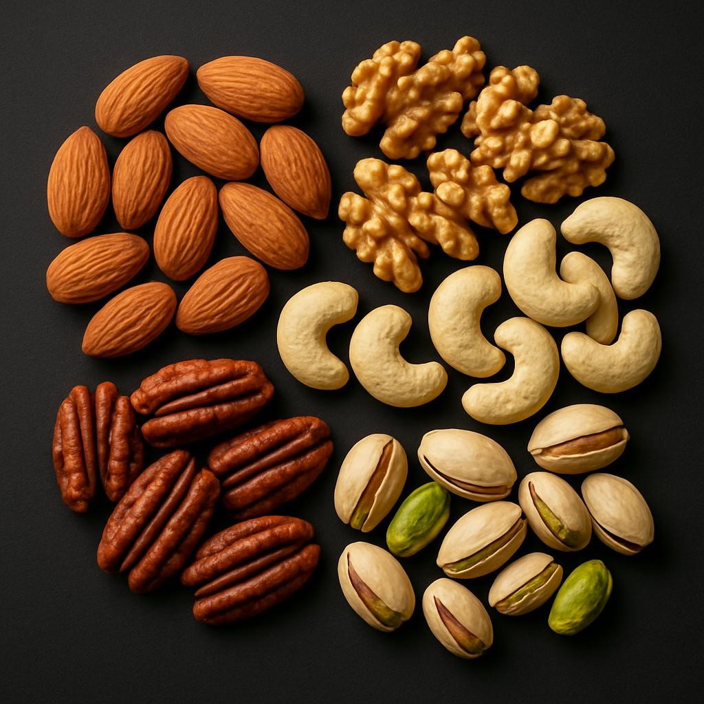 Mixed nuts and seeds in ceramic bowls