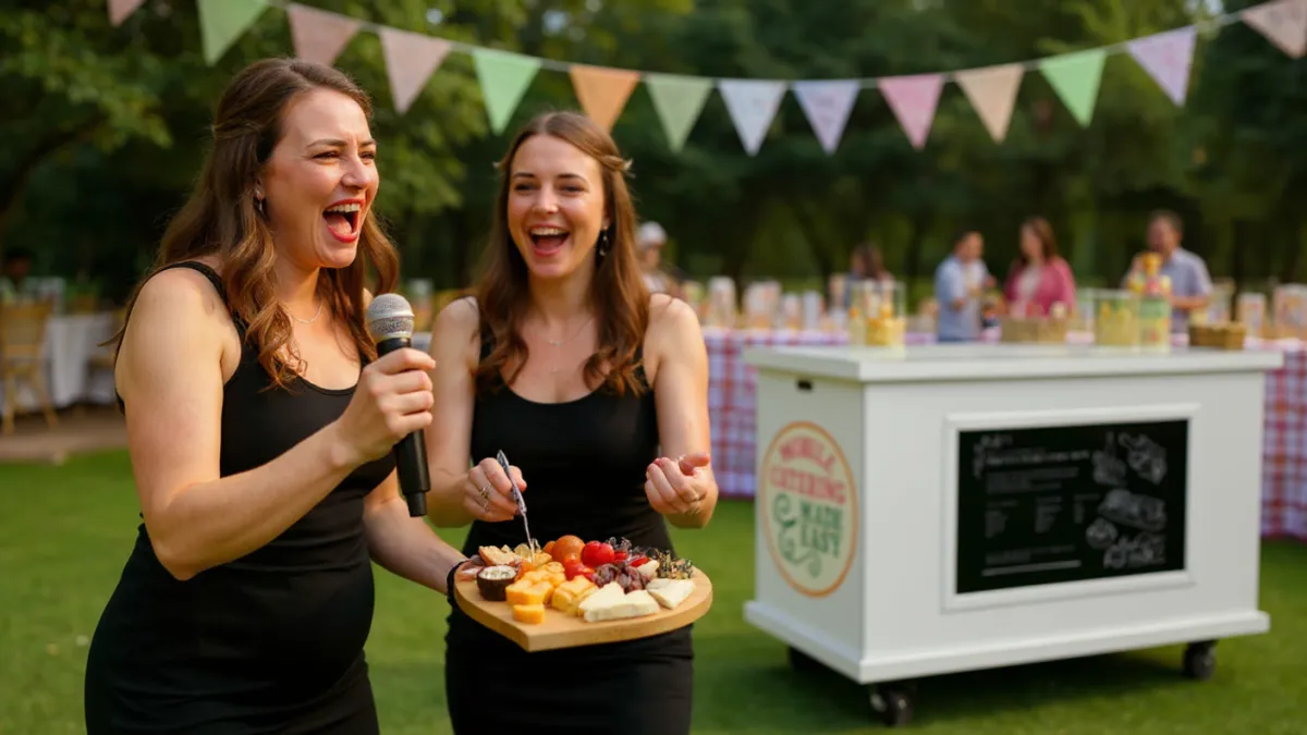 Churro sundae station with warm churros, ice cream scoops, sauces, and joyful event interaction, photorealistic.