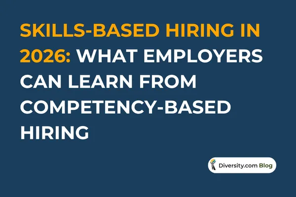Text graphic with a dark blue background reading: ‘Skills-Based Hiring in 2026: What Employers Can Learn From Competency-Based Hiring’ in bold white and orange font. A Diversity.com Blog label is positioned in the bottom right corner.