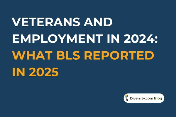 Text graphic with a dark blue background reading: ‘Veterans and Employment in 2024: What BLS Reported in 2025’ in bold white and orange font. A Diversity.com Blog label is positioned in the bottom right corner.