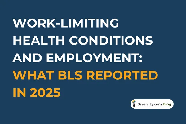 Text graphic with a dark blue background reading: ‘Work-Limiting Health Conditions and Employment: What BLS Reported in 2025’ in bold white and orange font. A Diversity.com Blog label is positioned in the bottom right corner.