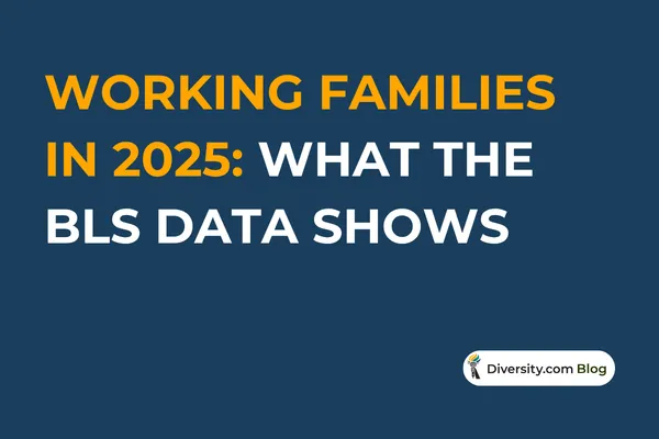 Text graphic with a dark blue background reading: ‘Working Families in 2025: What the BLS Data Shows’ in bold white and orange font. A Diversity.com Blog label is positioned in the bottom right corner.
